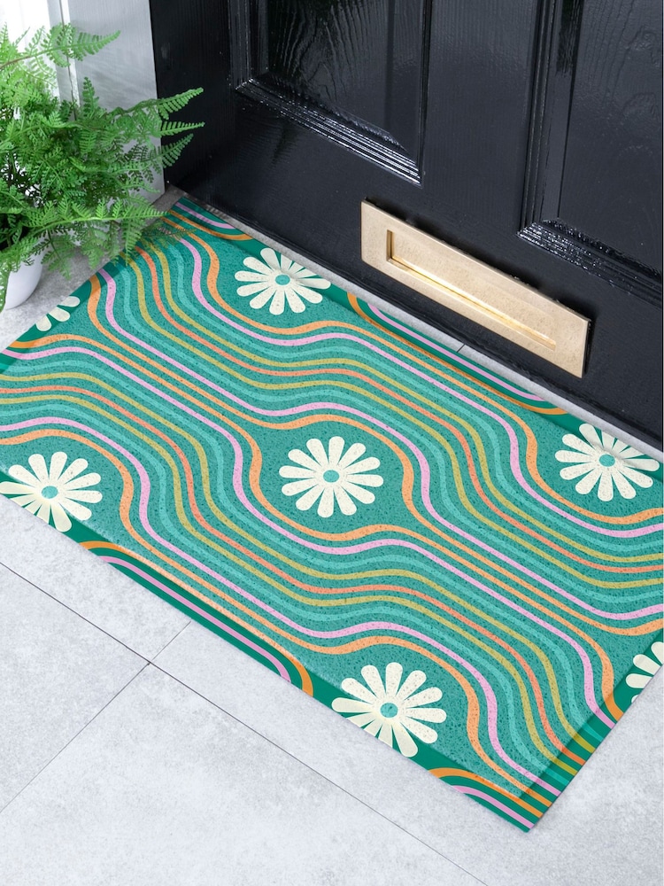 Artsy Mats Multi Elizabeth Olwen Flower Lines Green IndoorOutdoor Doormat - Image 1 of 4