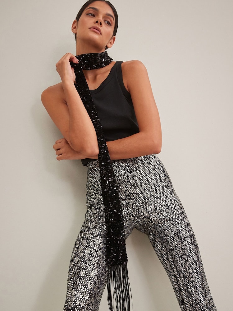 Black Sequin Fringe Skinny Scarf - Image 1 of 8