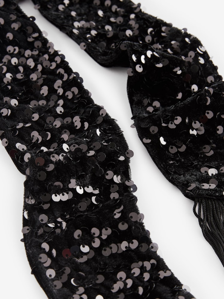 Black Sequin Fringe Skinny Scarf - Image 8 of 8