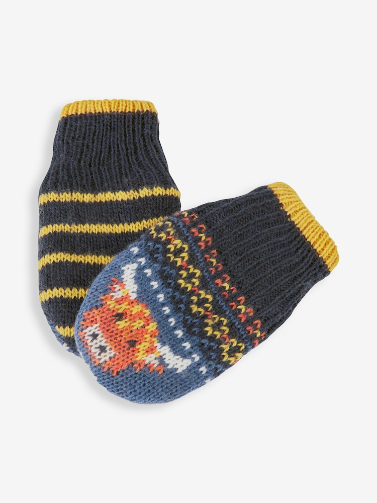 JoJo Maman Bébé Navy Highland Cow Fair Isle Pattern Mittens - Image 3 of 3