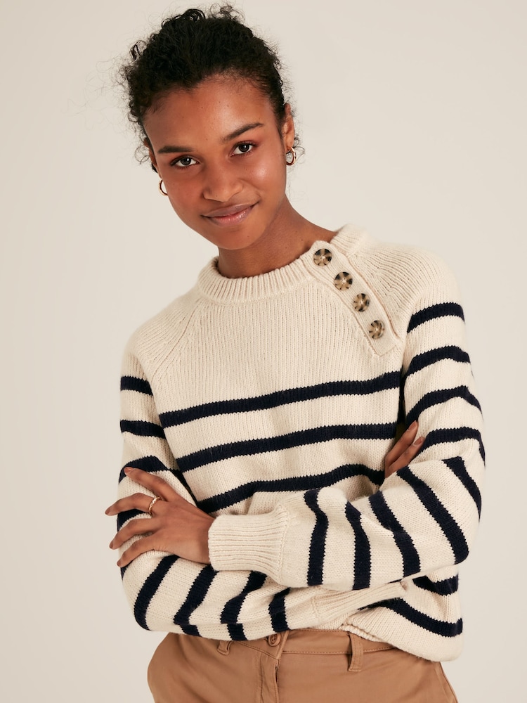 Joules Agnes Cream & Navy Striped Button Neck Jumper - Image 1 of 6