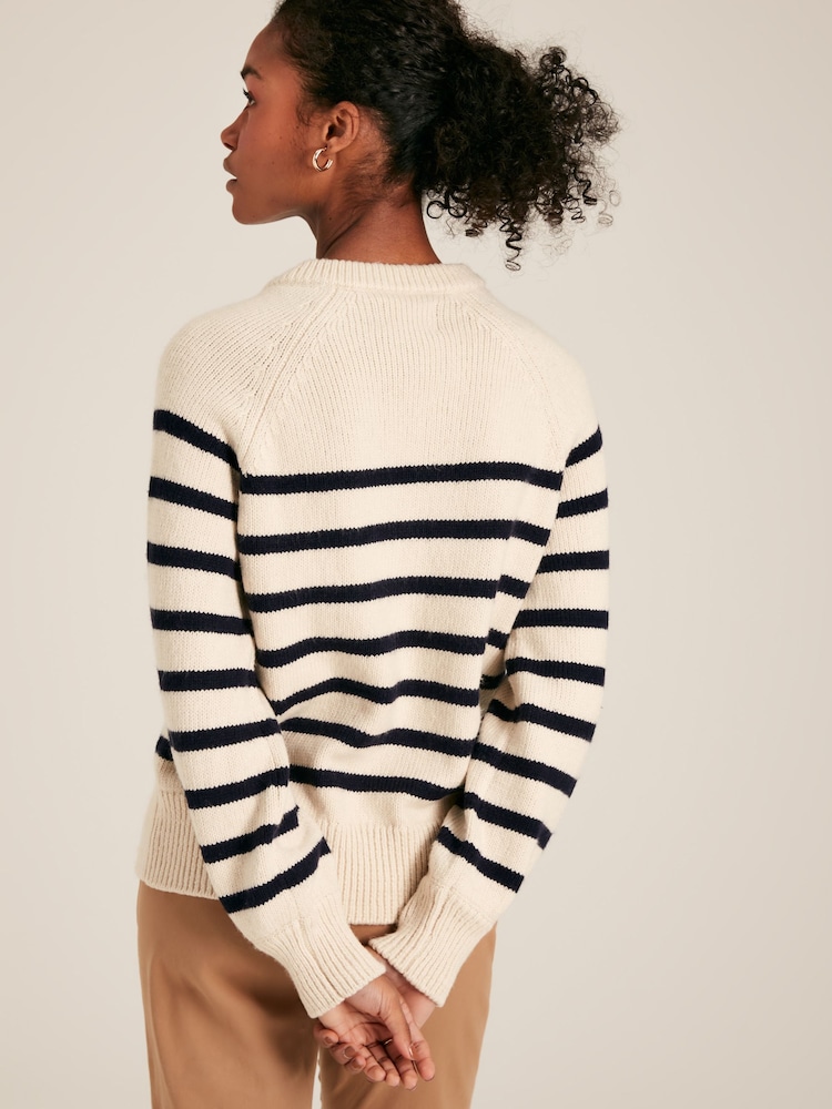 Joules Agnes Cream & Navy Striped Button Neck Jumper - Image 2 of 6