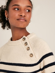Joules Agnes Cream & Navy Striped Button Neck Jumper - Image 4 of 6
