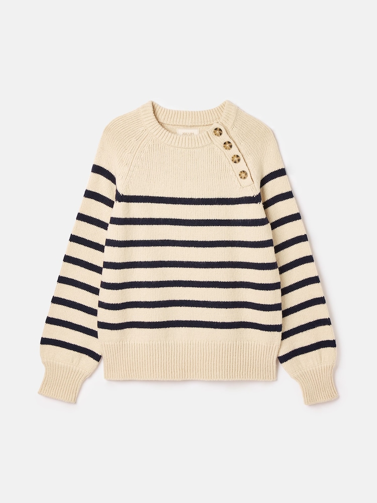 Joules Agnes Cream & Navy Striped Button Neck Jumper - Image 6 of 6