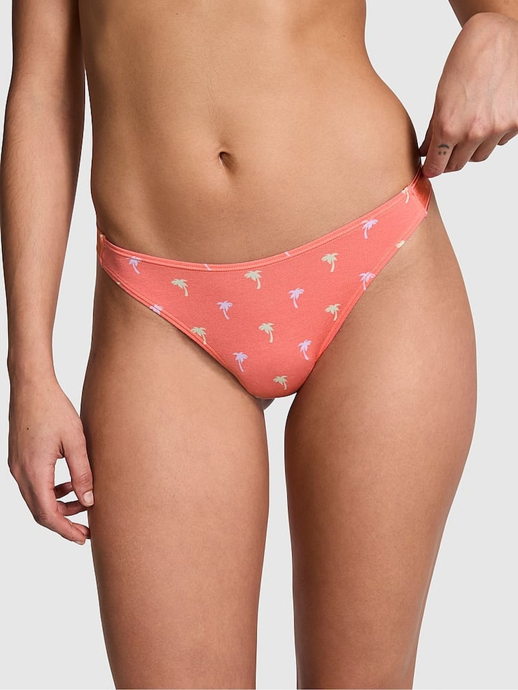 Victoria's Secret PINK Crazy For Coral Pink Palms Thong Cotton Logo Knickers - Image 1 of 3
