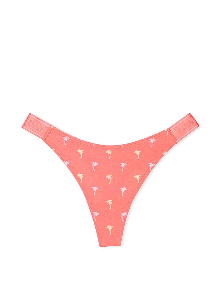 Victoria's Secret PINK Crazy For Coral Pink Palms Thong Cotton Logo Knickers - Image 3 of 3
