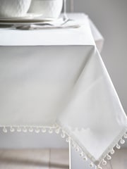 White Pom Pom 100% Cotton Tablecloth and Napkins Table Cloth - Image 1 of 2