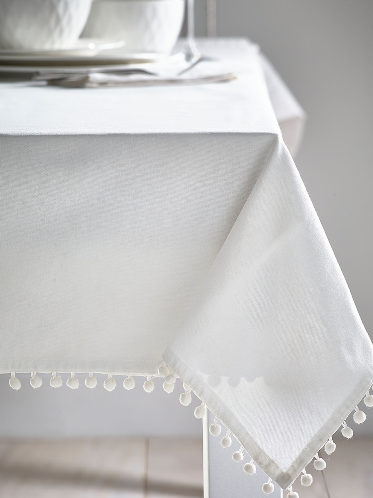 White Pom Pom 100% Cotton Tablecloth and Napkins Table Cloth - Image 1 of 2