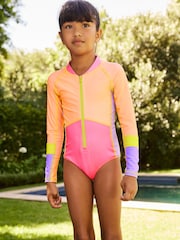 Orange/Pink Colour Block Long Sleeved Swimsuit (3-16yrs) - Image 1 of 6
