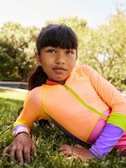 Orange/Pink Colour Block Long Sleeved Swimsuit (3-16yrs) - Image 3 of 6