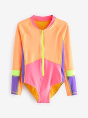 Orange/Pink Colour Block Long Sleeved Swimsuit (3-16yrs) - Image 4 of 6
