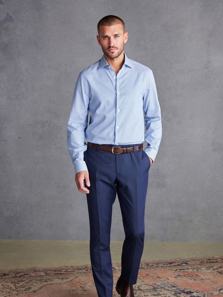 White/Navy Blue Stripe Regular Fit Single Cuff Signature Italian Fabric Shirt - Image 2 of 7