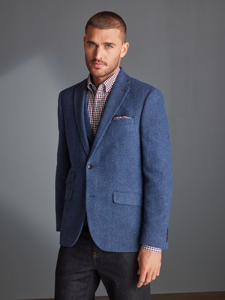 Blue Slim Fit Nova Fides Signature Herringbone Wool Blazer - Image 1 of 14