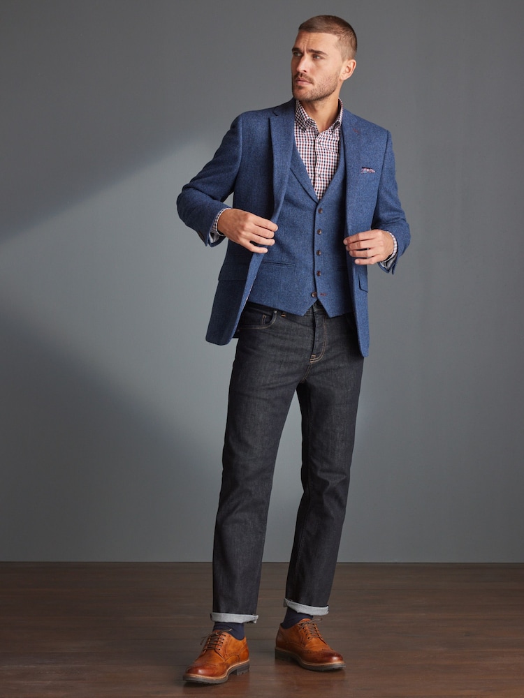 Blue Slim Fit Nova Fides Signature Herringbone Wool Blazer - Image 2 of 14