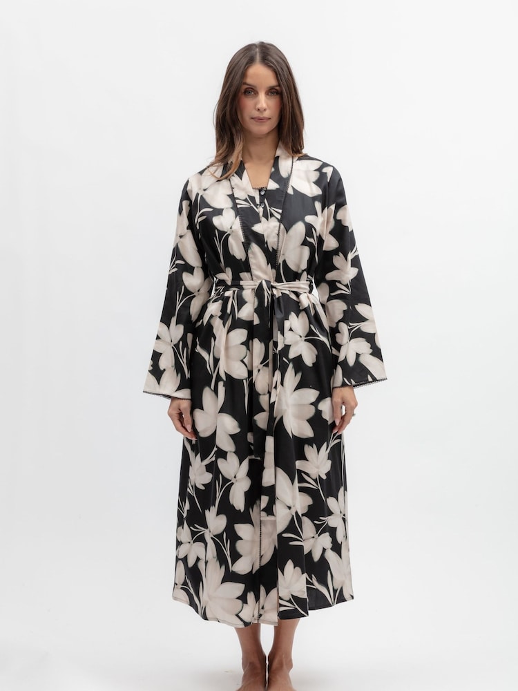 Nora Rose Black Floral Print Lace Trim Long Dressing Gown - Image 2 of 4