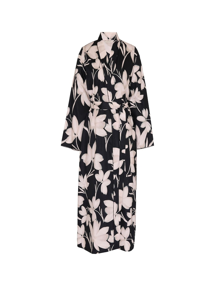 Nora Rose Black Floral Print Lace Trim Long Dressing Gown - Image 4 of 4