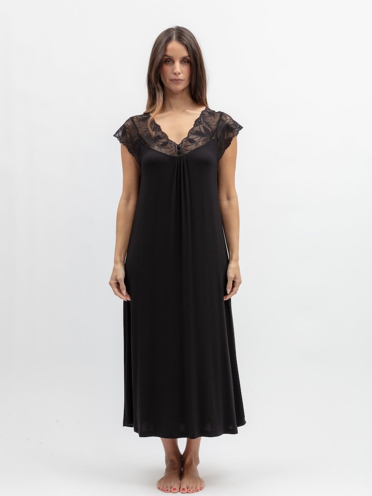 Negru - Rochie de noapte lungă cu mâneci scurte și detaliu din dantelă Nora Rose - Imaginea 1 din 3