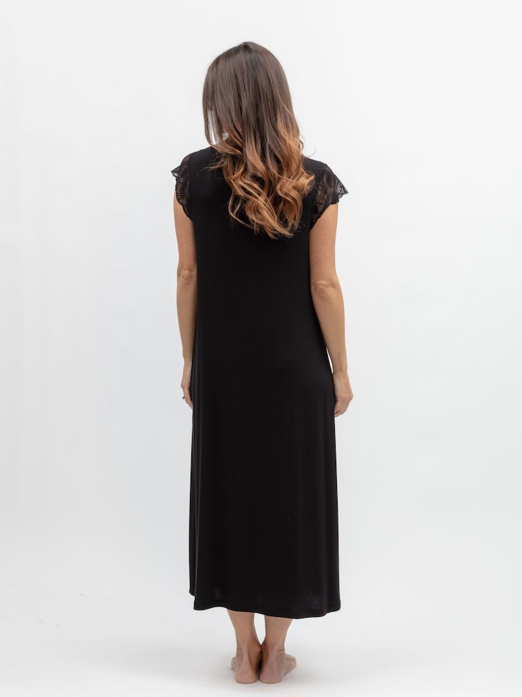 Negru - Rochie de noapte lungă cu mâneci scurte și detaliu din dantelă Nora Rose - Imaginea 2 din 3