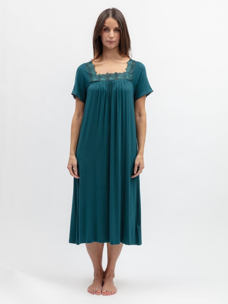 Blau - Nora Rose Jersey Langes Nachthemd mit Carré-Ausschnitt - Bild 1 von 3 Blau - Nora Rose Jersey Langes Nachthemd mit Carré-Ausschnitt - Bild 1 von 3