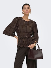JDY Brown Broderie Drawstring Waist Top - Image 4 of 8