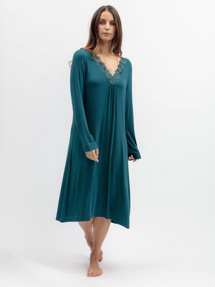 Nora Rose Blue Jersey Floral Lace Short Nightdress - Image 1 of 3 Nora Rose Blue Jersey Floral Lace Short Nightdress - Image 1 of 3