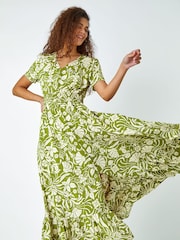Roman Green Floral Print Button Detail Maxi Dress - Image 1 of 5