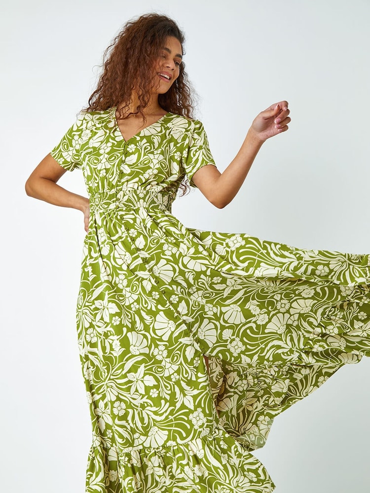 Roman Green Floral Print Button Detail Maxi Dress - Image 1 of 5