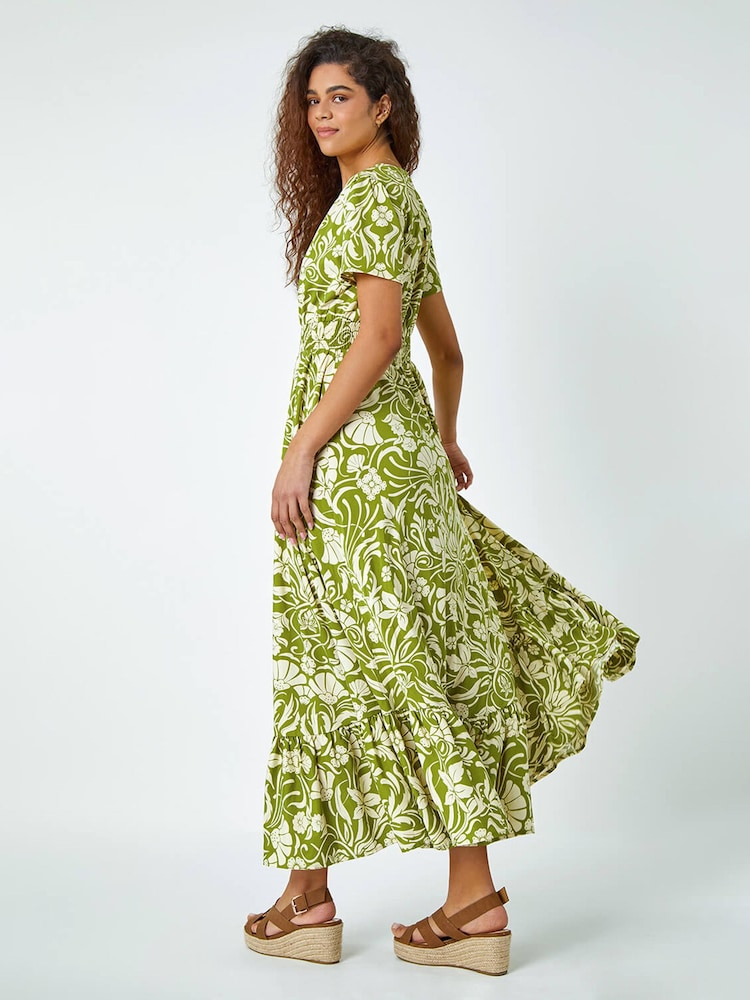 Roman Green Floral Print Button Detail Maxi Dress - Image 2 of 5