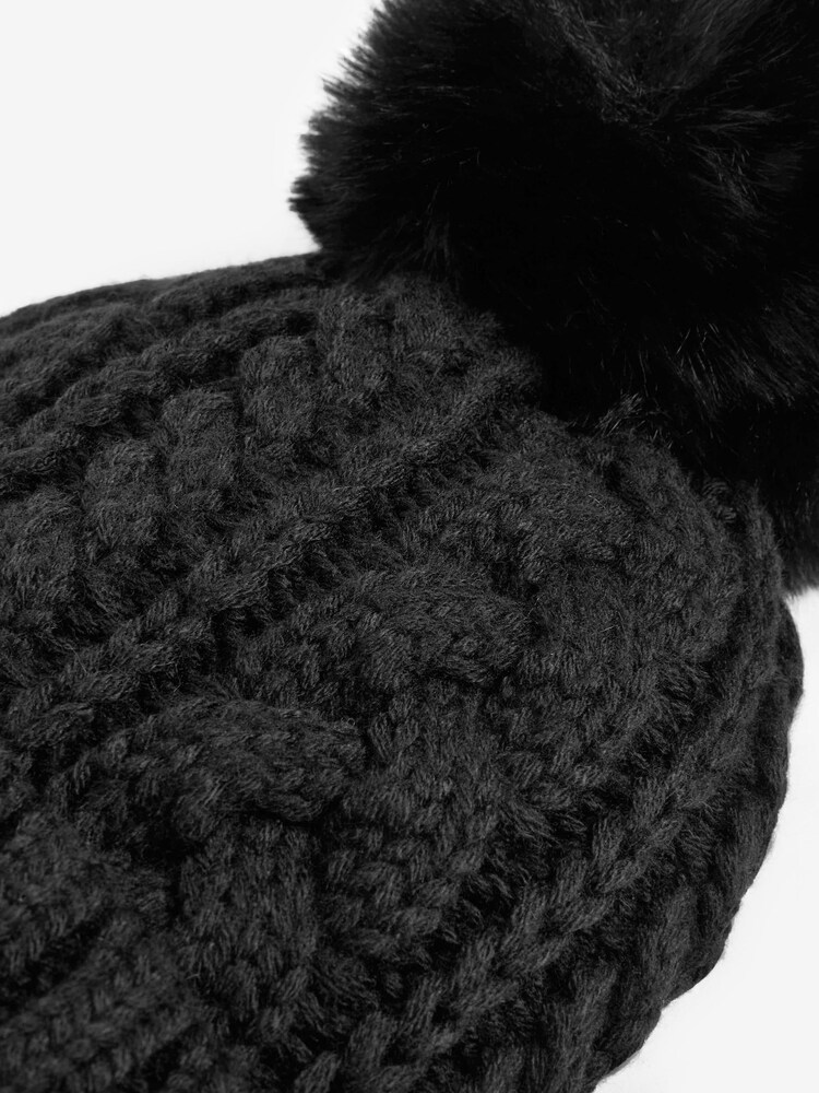 Black Cable Knit Pom Pom Beanie Hat (3mths-16yrs) - Image 2 of 2 Black Cable Knit Pom Pom Beanie Hat (3mths-16yrs) - Image 2 of 2