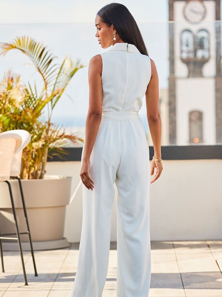 Sosandar Cream Wide Leg Halterneck Tailored Jumpsuit - Image 2 of 5 Sosandar Cream Wide Leg Halterneck Tailored Jumpsuit - Image 2 of 5