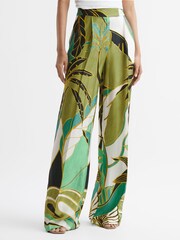 Reiss Green Print Luna Wide Leg Mid Rise Printed Trousers - Image 1 of 6