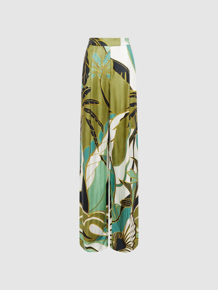 Reiss Green Print Luna Wide Leg Mid Rise Printed Trousers - Image 2 of 6