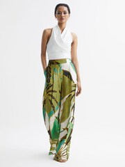 Reiss Green Print Luna Wide Leg Mid Rise Printed Trousers - Image 3 of 6