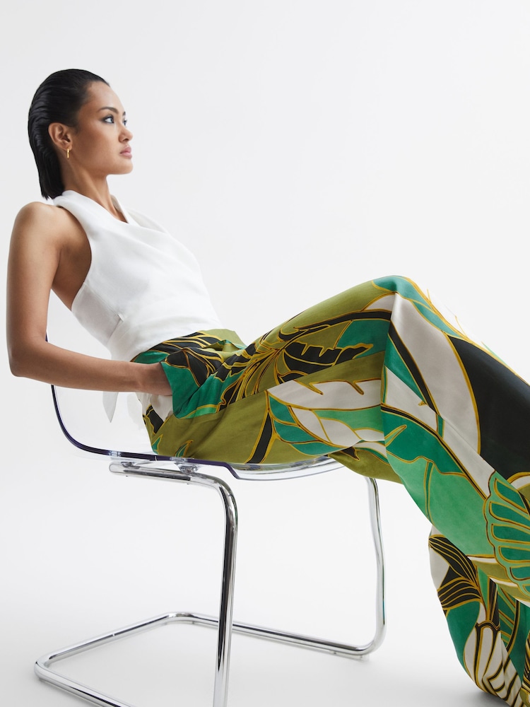 Reiss Green Print Luna Wide Leg Mid Rise Printed Trousers - Image 6 of 6