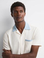 Reiss Ecru/Blue Troon Cuban Collar Contrast Shirt - Image 1 of 4