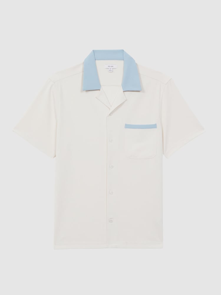 Reiss Ecru/Blue Troon Cuban Collar Contrast Shirt - Image 2 of 4