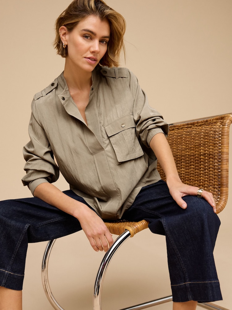 Khaki Green Long Sleeve Utility Blouse - Image 1 of 4 Khaki Green Long Sleeve Utility Blouse - Image 1 of 4