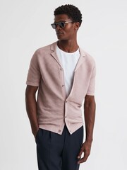 Reiss Dusty Pink Lunar Textured Cuban Collar Button-Through Shirt - Image 1 of 4