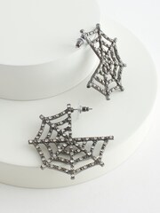 Silver Tone Halloween Spider Web Hoop Earrings - Image 3 of 3