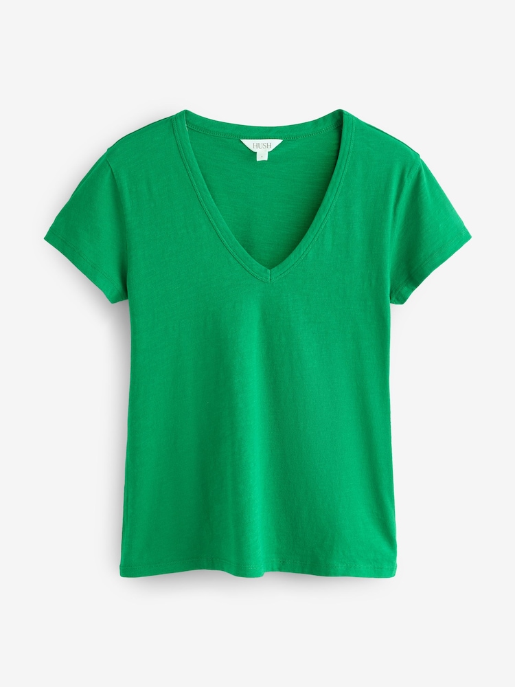 Vert - Hush T-shirt Coupe ajustée en coton flammé à Col en V - Image 6 sur 6