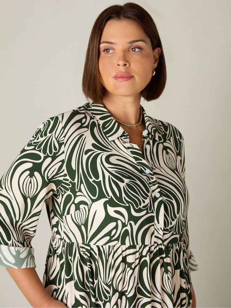 Live Unlimited Green Curve Abstract Print Button Through Shirt Dress - Image 2 of 4