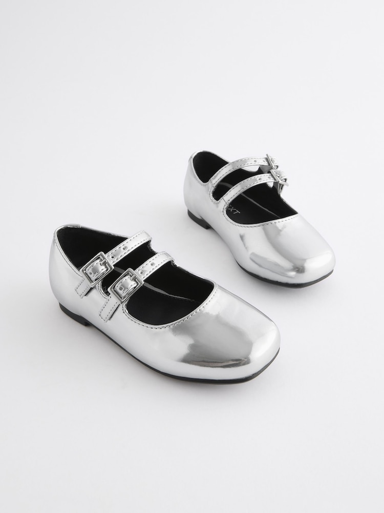 Silver Metallic Double Strap Shoes - Image 1 of 5