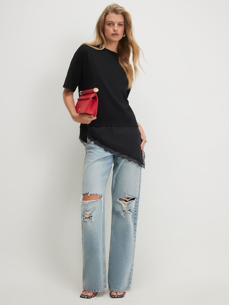River Island Black Cotton Lace Hem Aysmmetric T-Shirt - Image 1 of 4 River Island Black Cotton Lace Hem Aysmmetric T-Shirt - Image 1 of 4