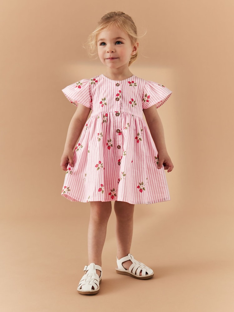 Pink Strawberry Stripe Button Up 100% Cotton Dress (3mths-8yrs) - Image 1 of 7 Pink Strawberry Stripe Button Up 100% Cotton Dress (3mths-8yrs) - Image 1 of 7
