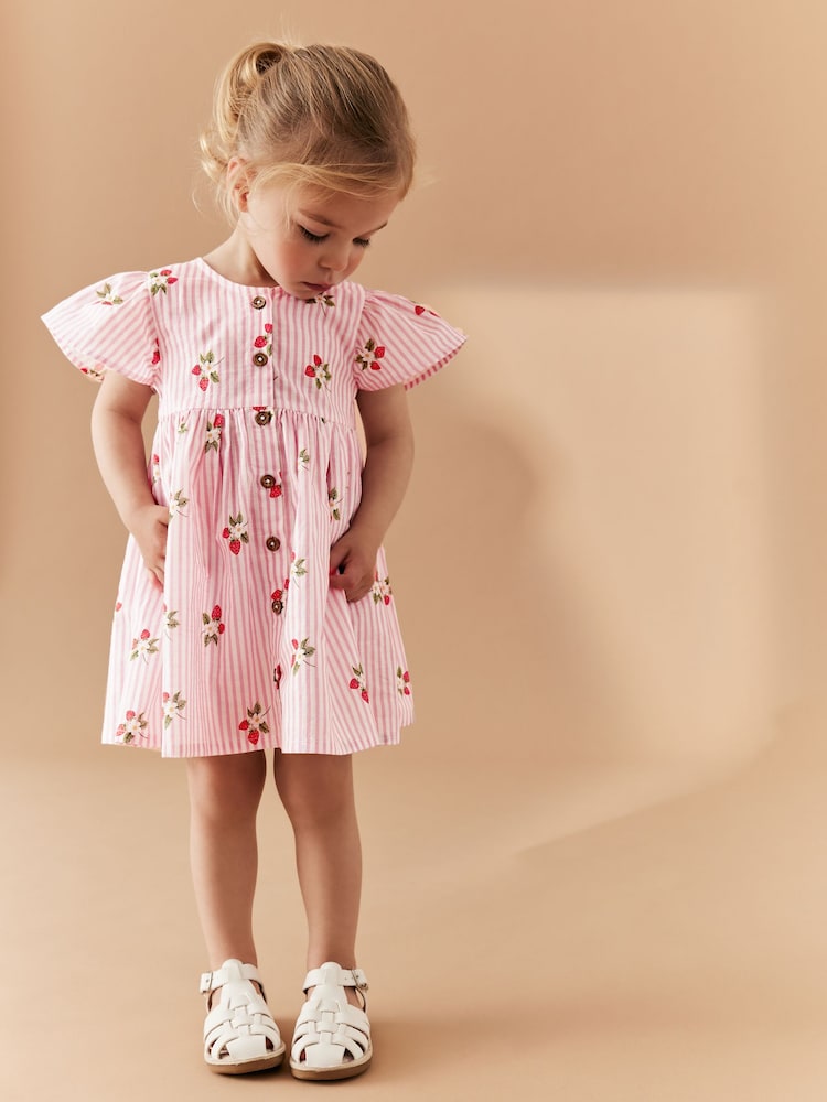 Pink Strawberry Stripe Button Up 100% Cotton Dress (3mths-8yrs) - Image 2 of 7