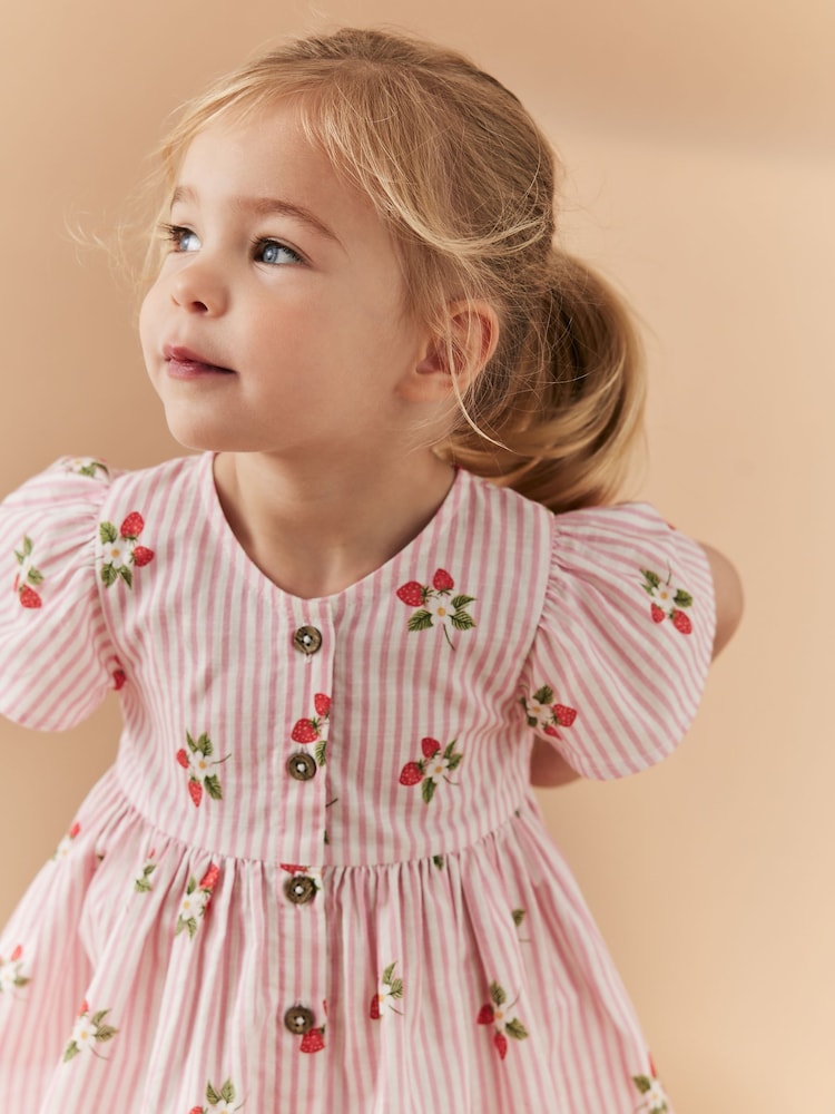Buy Pink Strawberry Stripe Button Up 100% Cotton Dress (3mths-8yrs