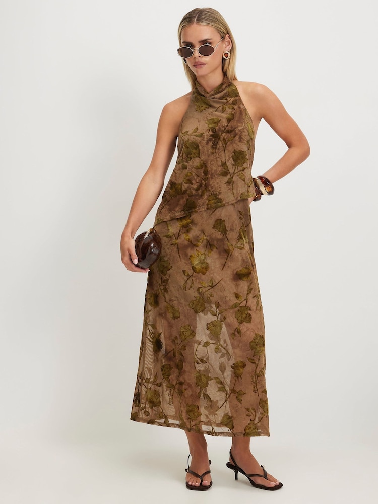 river island floral halter neck dress Womens Green Petite Devore Maxi US 4 Mini dress