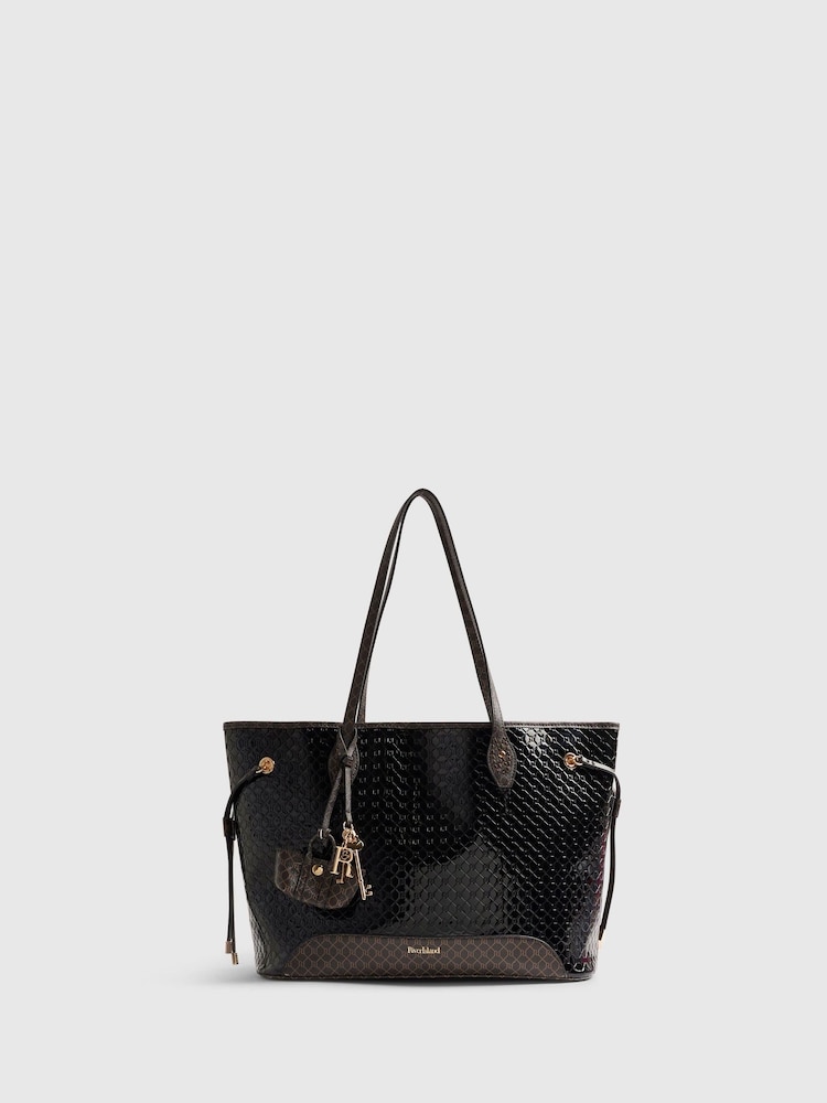 River Island Black Monogram Patent Side Tie Shopper Bag - Image 1 of 5 River Island Black Monogram Patent Side Tie Shopper Bag - Image 1 of 5