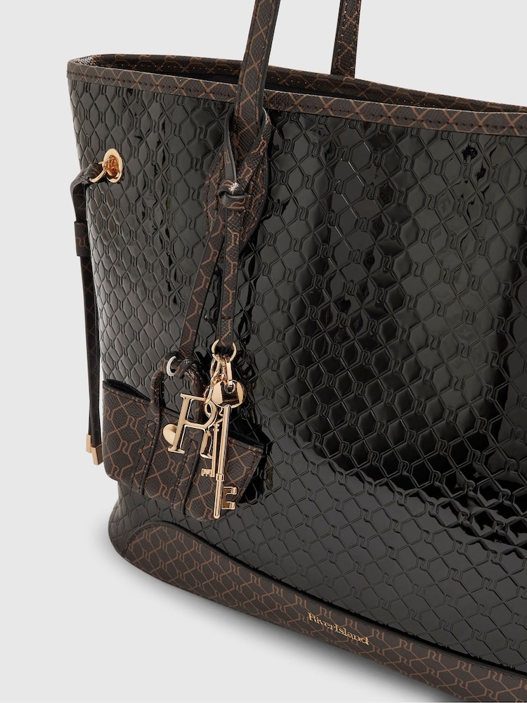 River Island Black Monogram Patent Side Tie Shopper Bag - Image 5 of 5 River Island Black Monogram Patent Side Tie Shopper Bag - Image 5 of 5