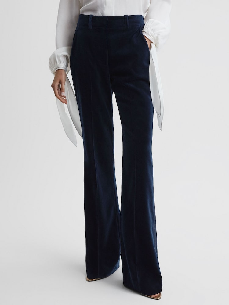 Reiss Navy Bree Velvet Flared Suit Trousers - Image 1 of 6